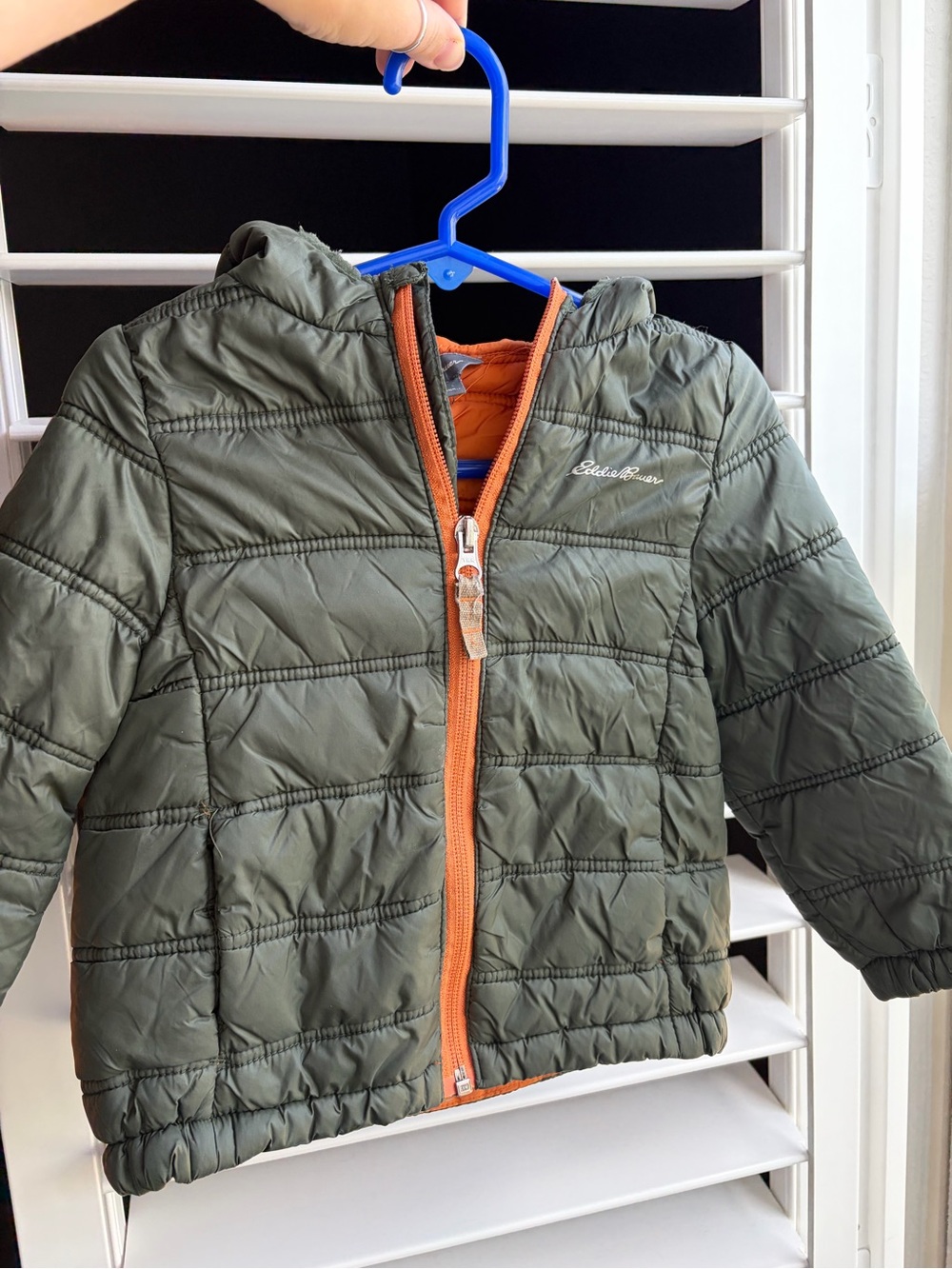 Eddie Bauer Olive Green Puffer Jacket with Orange Zipper